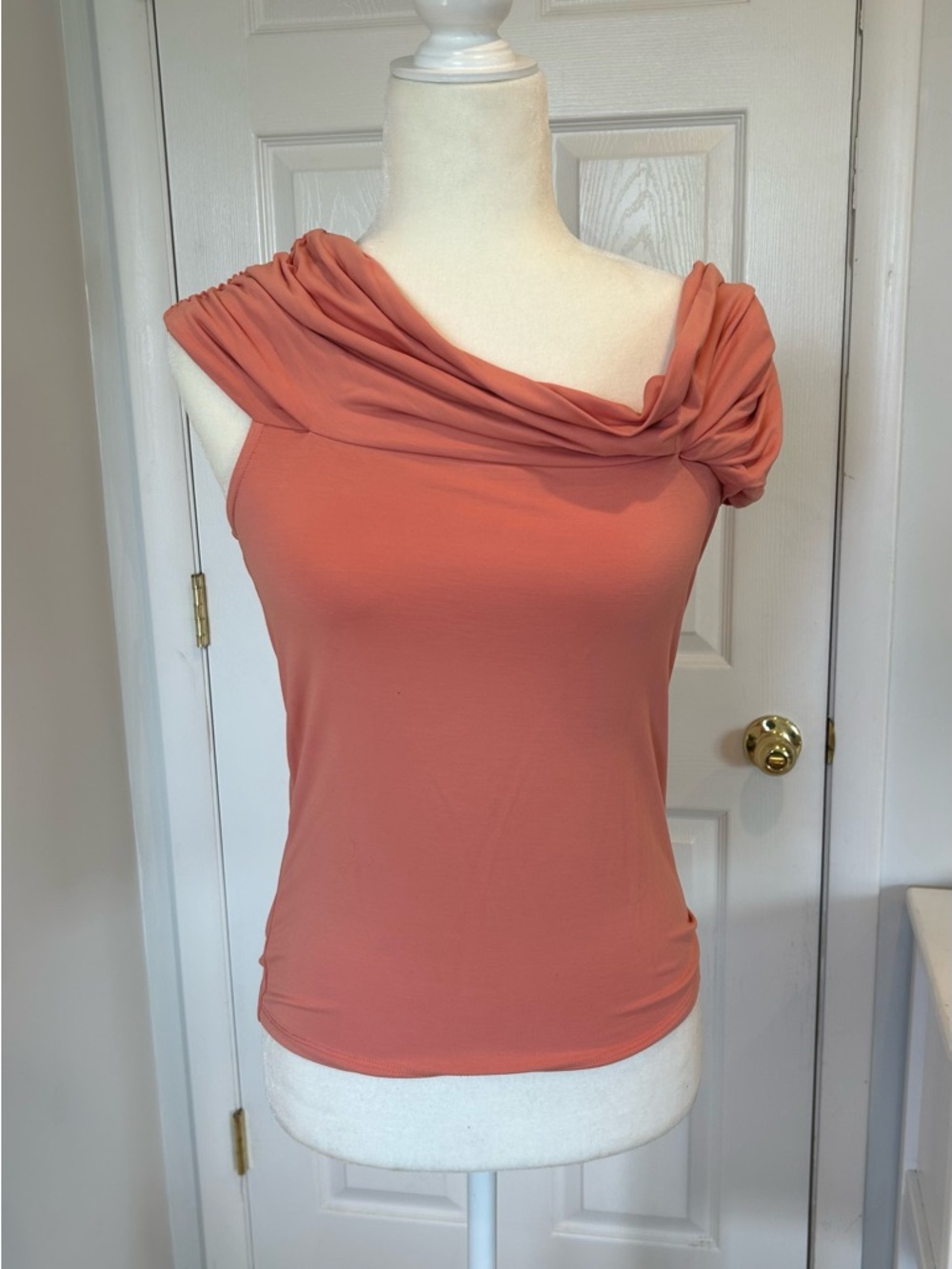 Sophie Rue Sabrina Twist Top. One-Shoulder Butter Soft Draped Top in Dusty Coral